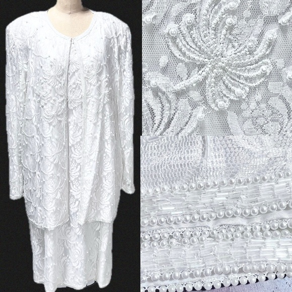 VINTAGE formal wedding dress gown‎ set mother bride bead lace floral 2 piece set - Picture 1 of 15